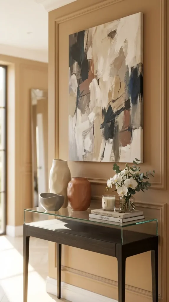 Console With Sculptural Pottery and Abstract Canvas Above