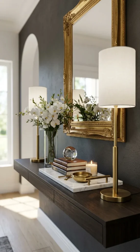 Console With Tall Table Lamps And Elegant Trays