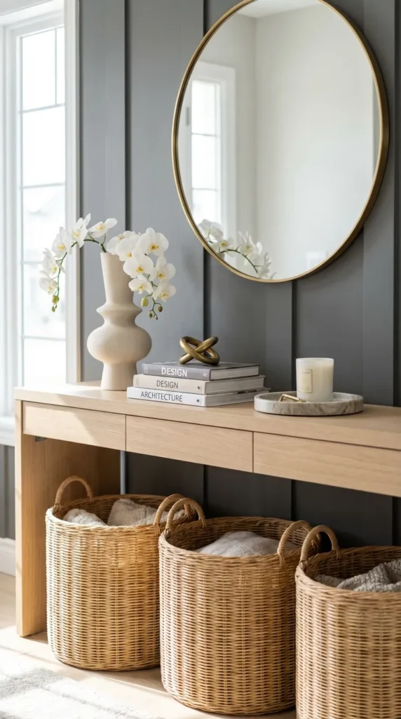 Console With Woven Baskets Below For Hidden Storage