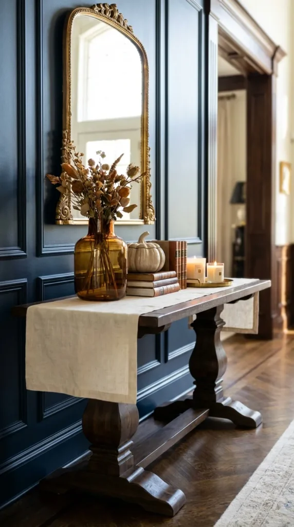 Cozy Console With Soft Runner And Seasonal Decor