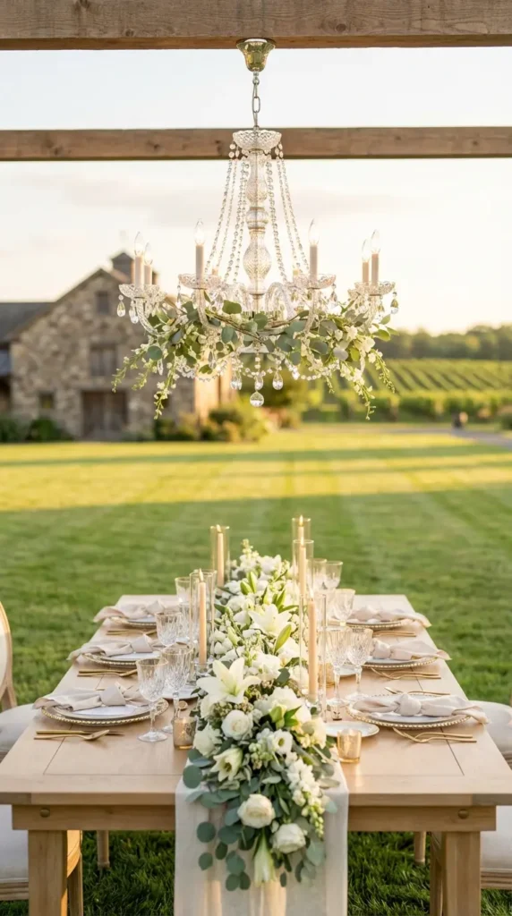 Crystal Chandeliers Suspended Above Reception Tables