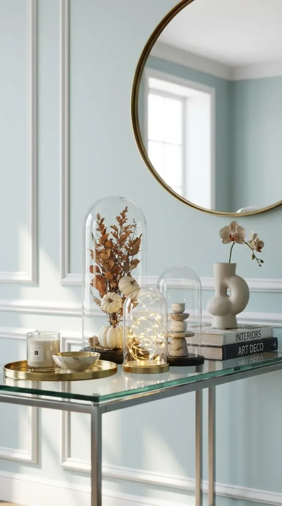 Curated Glass Display With Seasonal Glass Cloche Arrangements