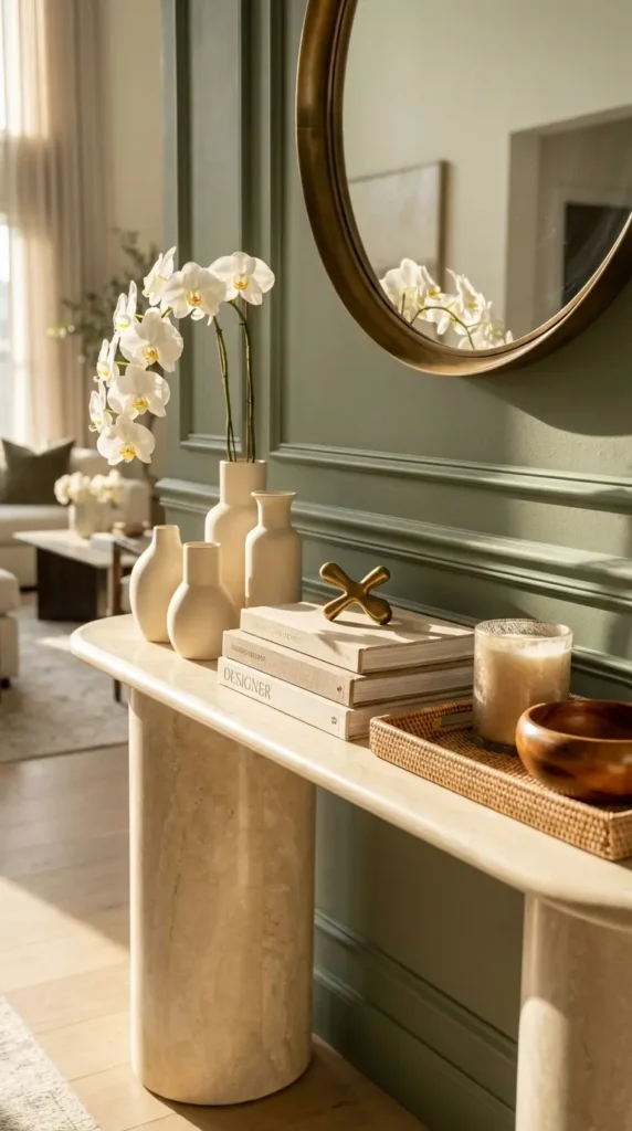 Curved Crema Marble Console With Neutral Decor Pieces