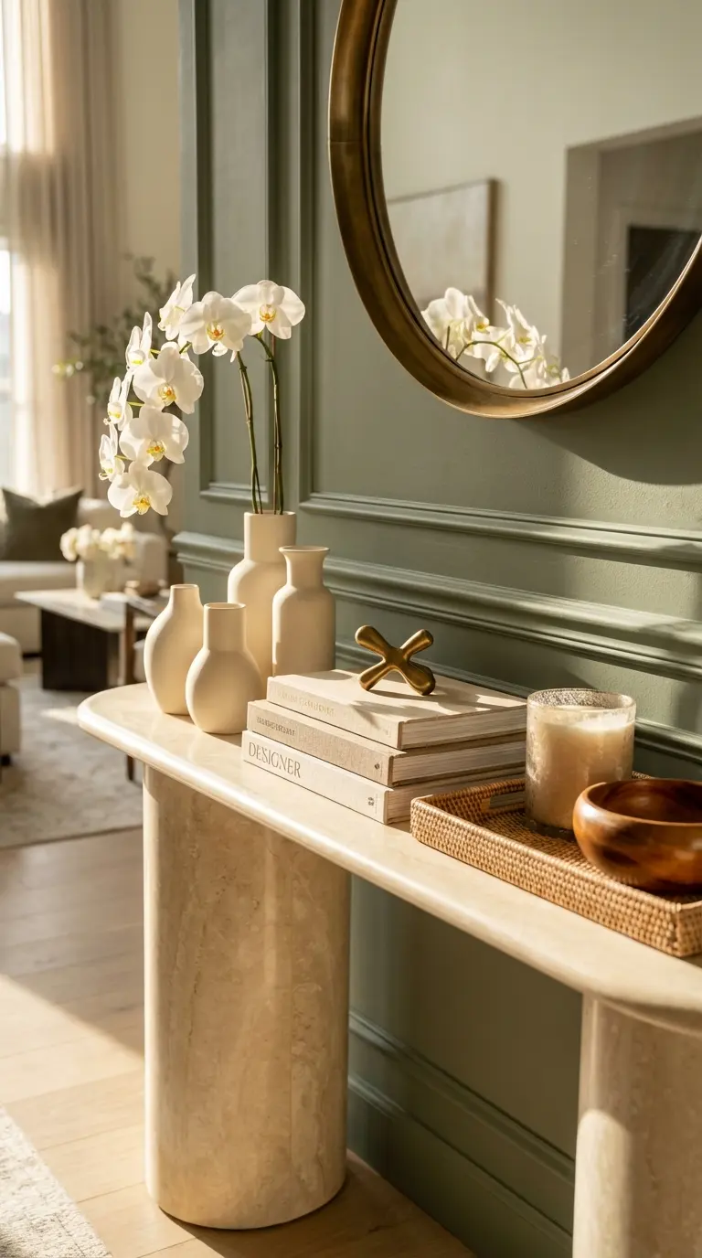 Curved Crema Marble Console With Neutral Decor Pieces