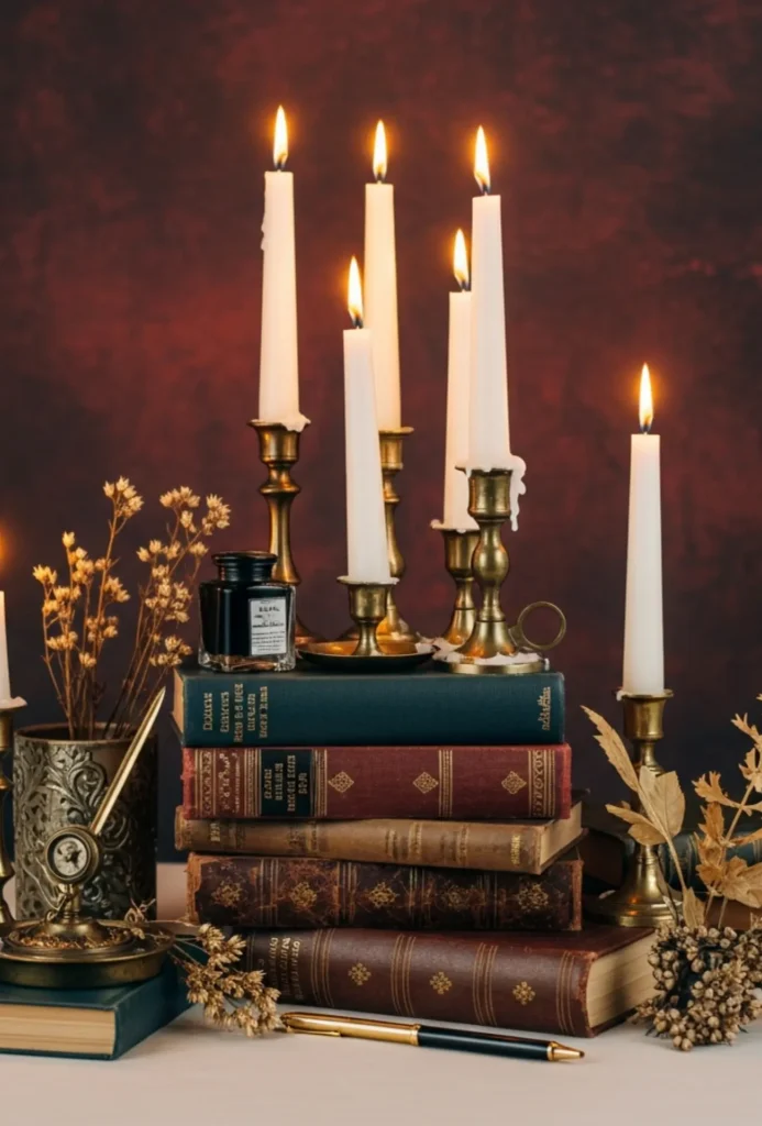 Dark Academia Books and Candle Centerpieces
