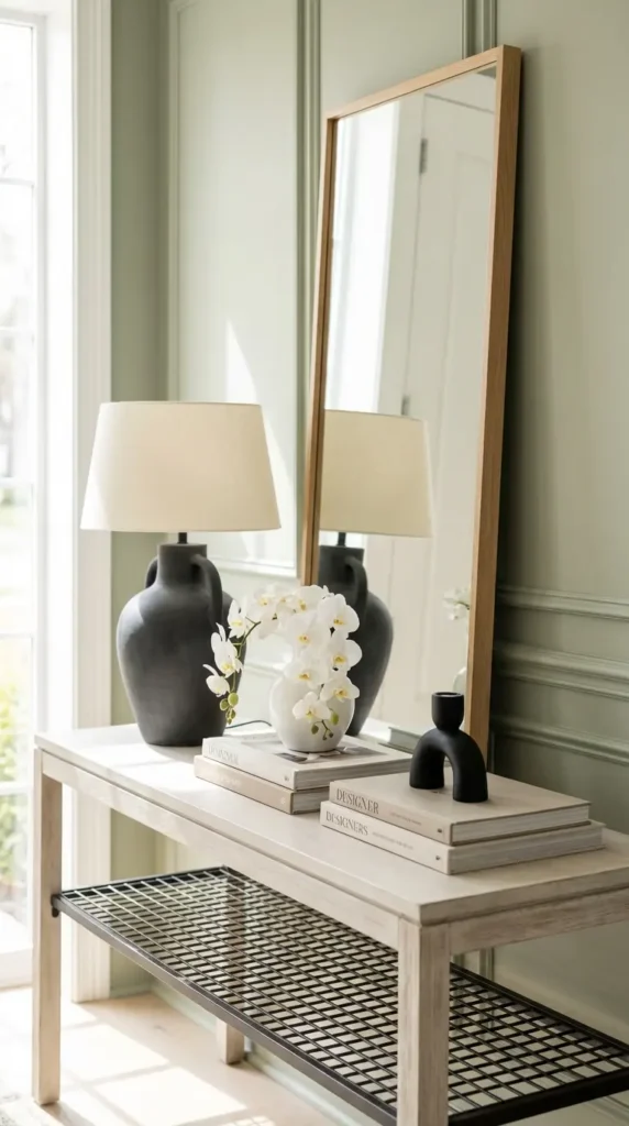 Dark Statement Lamp on a Light Console Table