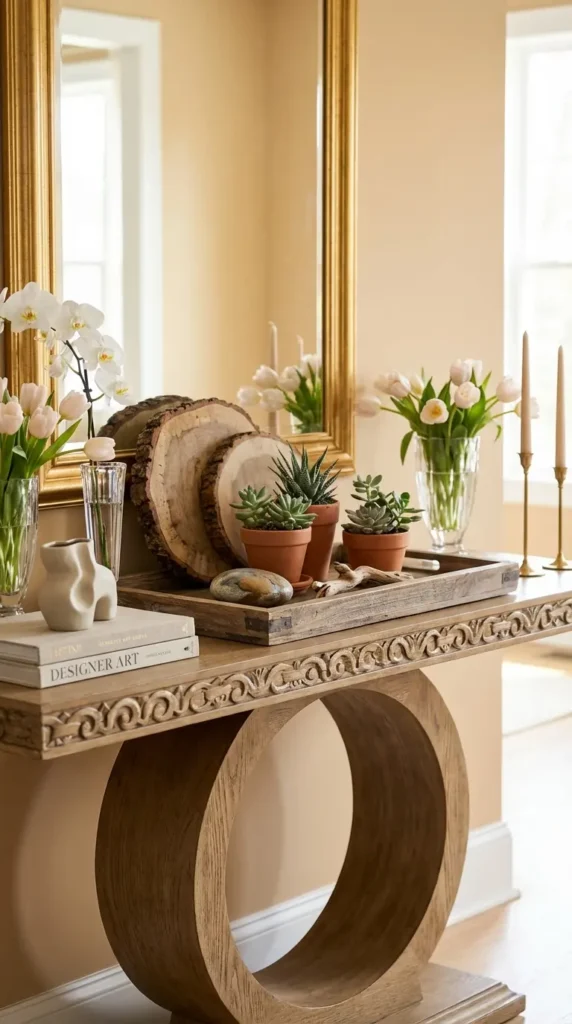 Distressed Farmhouse Console With Natural Wood Trays and Succulents