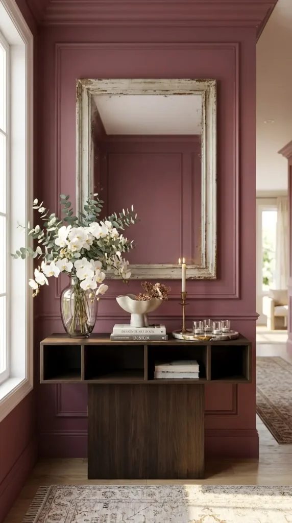 Distressed Farmhouse Mirror with Natural Wood Console