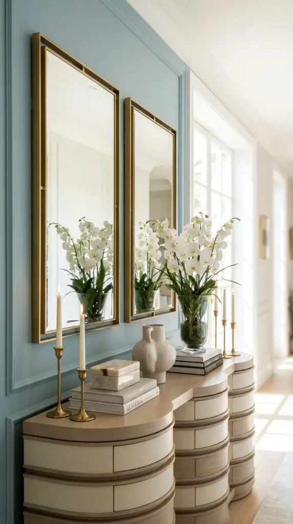 Double Rectangular Mirrors for Symmetrical Entryway Design