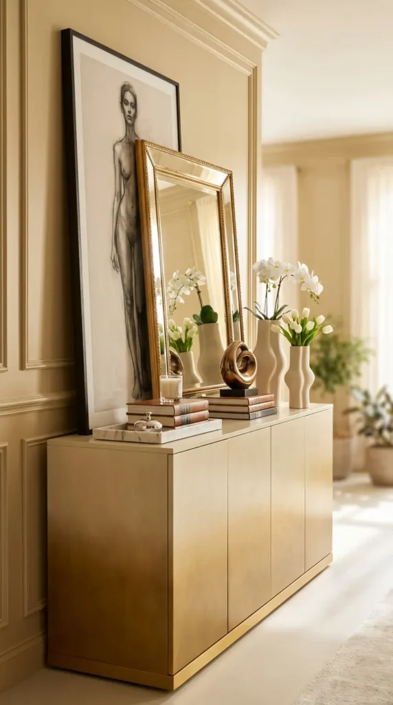 Elegant Console With Tall Figure Art and Leaning Mirror
