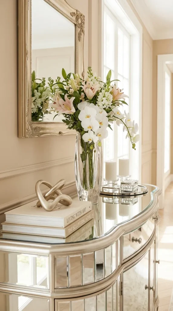 Elegant Mirrored Console With Fresh Florals
