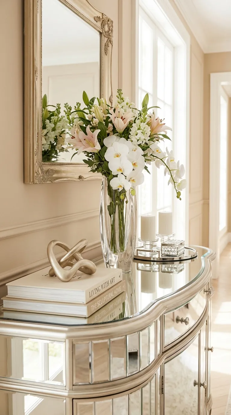 Elegant Mirrored Console With Fresh Florals