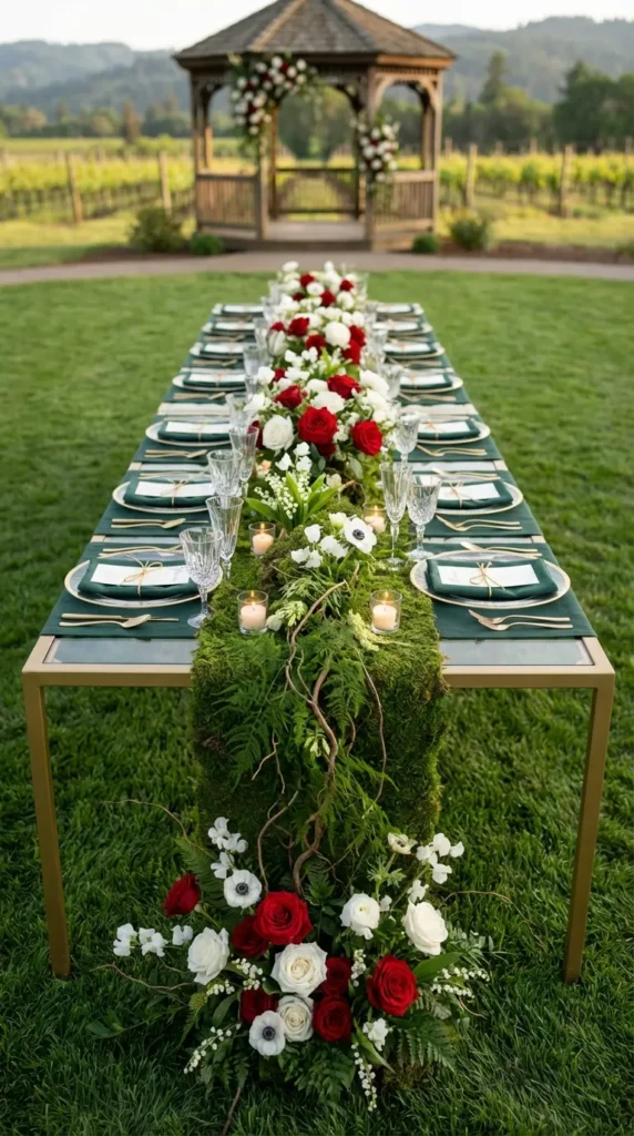 Enchanted Forest Tables with Moss Runners and Greenery