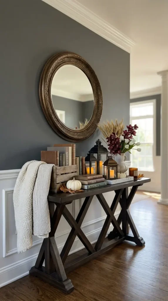 Farmhouse Harvest Lantern Tableau With Vintage Blankets and Wooden Boxes