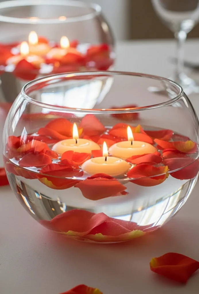Floating Candle Bowl with Petals Centerpieces