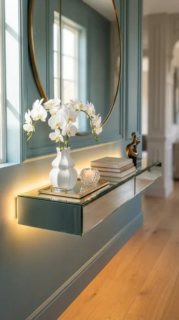 Floating Glass Console With Under-Shelf Lighting