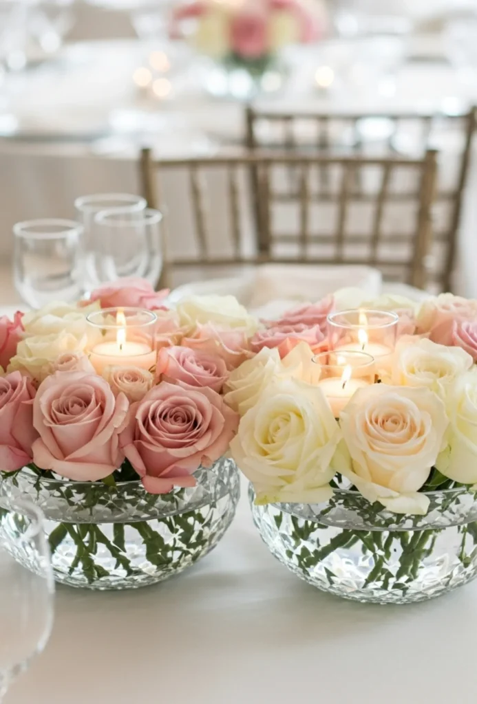 Floating Rose Heads in Crystal Bowls