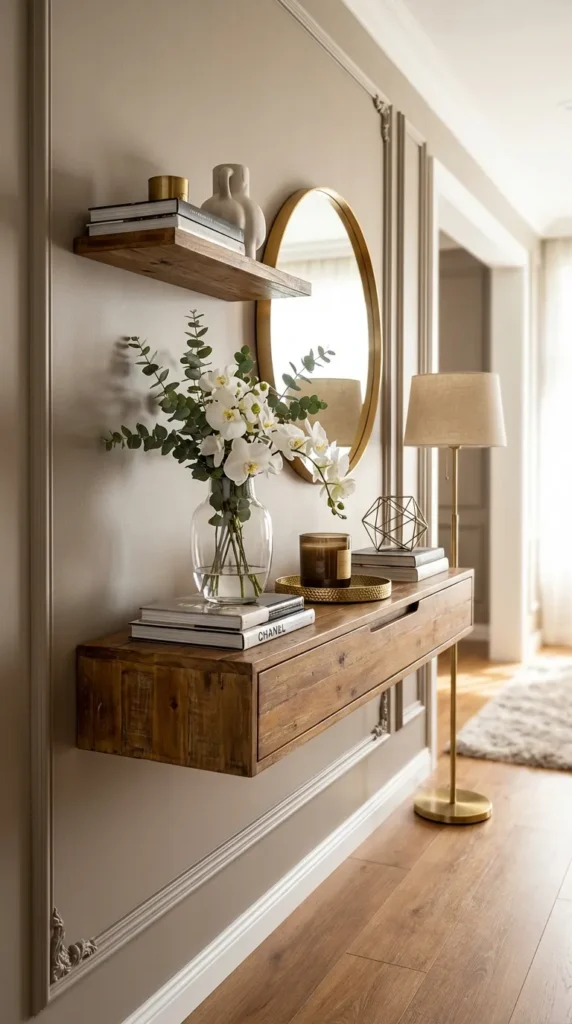 Floating Wood Console With Display Ledge