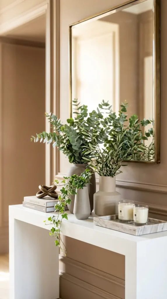 Fresh Greenery Arrangement in Neutral Stone Vases