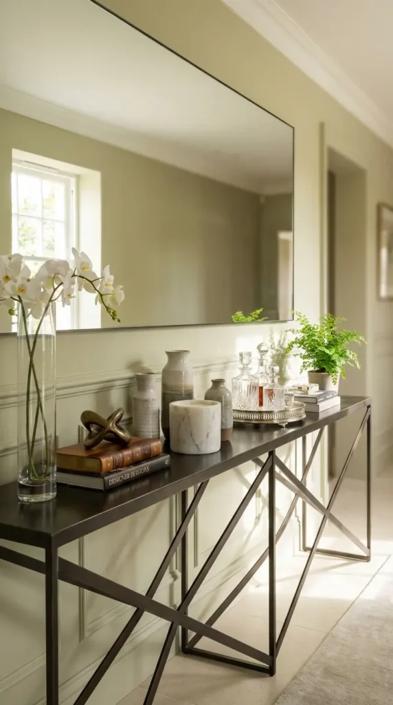 Full-Width Horizontal Mirror Above a Long Console Table