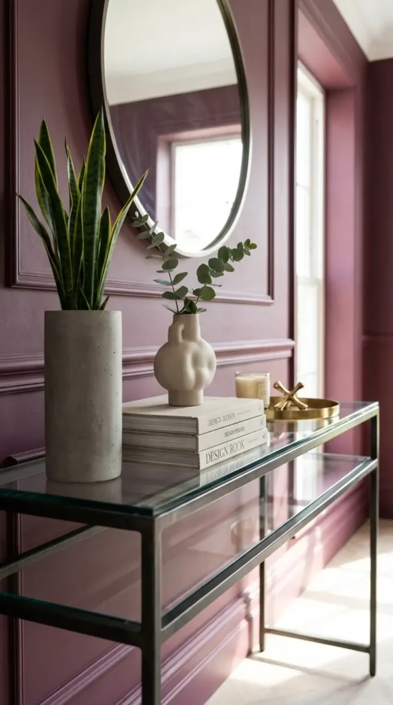 Glass Console Styled With Tall Modern Planter and Minimal Books