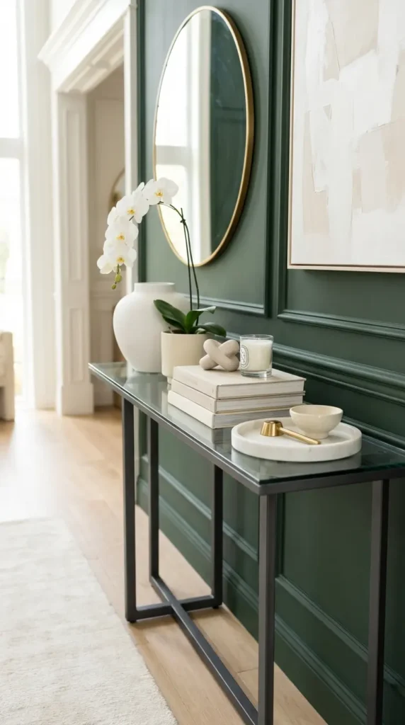 Glass Console With Contrasting Dark Frame and Light Decor