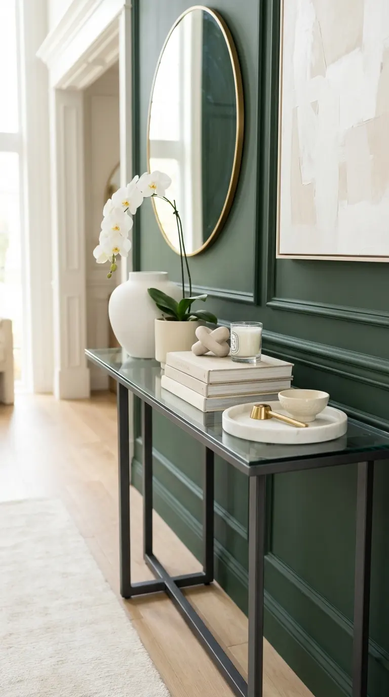 Glass Console With Contrasting Dark Frame and Light Decor