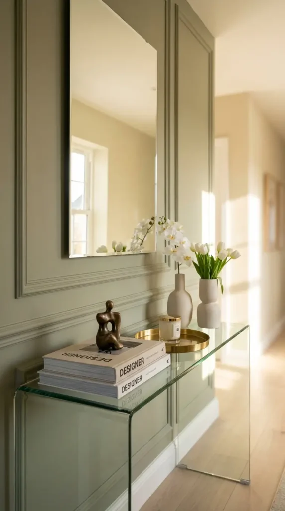 Glass Console With Frameless Large Mirror and Simple Vases
