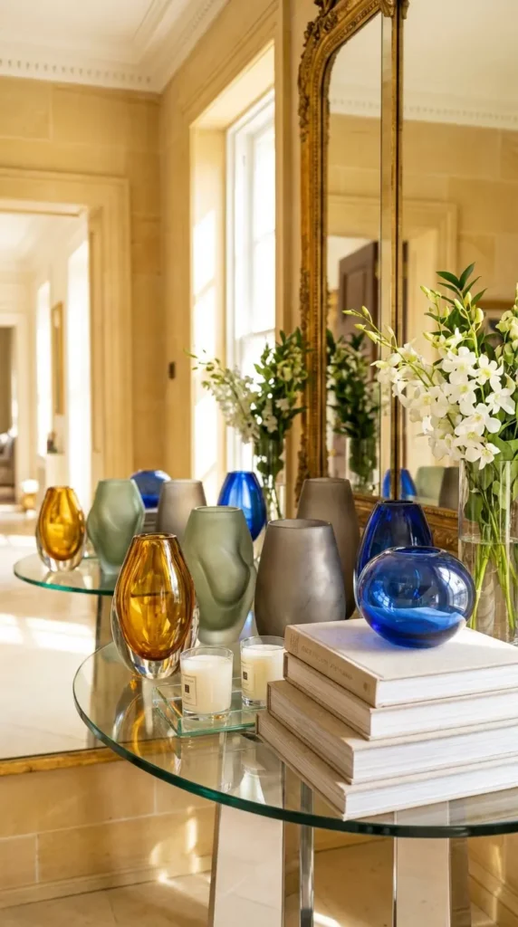 Glass Console With Mirrored Backdrop and Glass Art Pieces