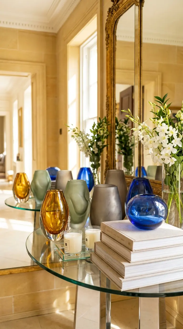 Glass Console With Mirrored Backdrop and Glass Art Pieces