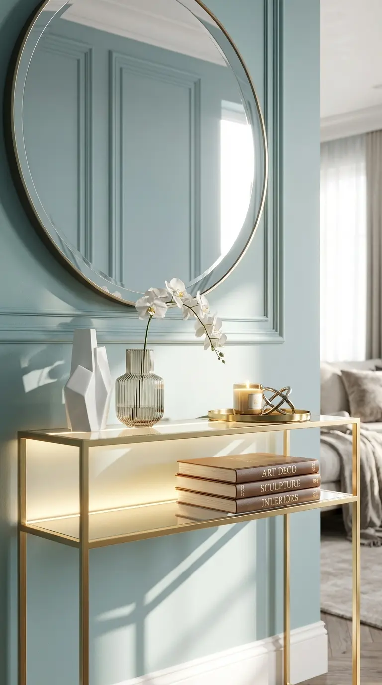 Glass Shelf Lighting With LED Accents and Sculptural Objects