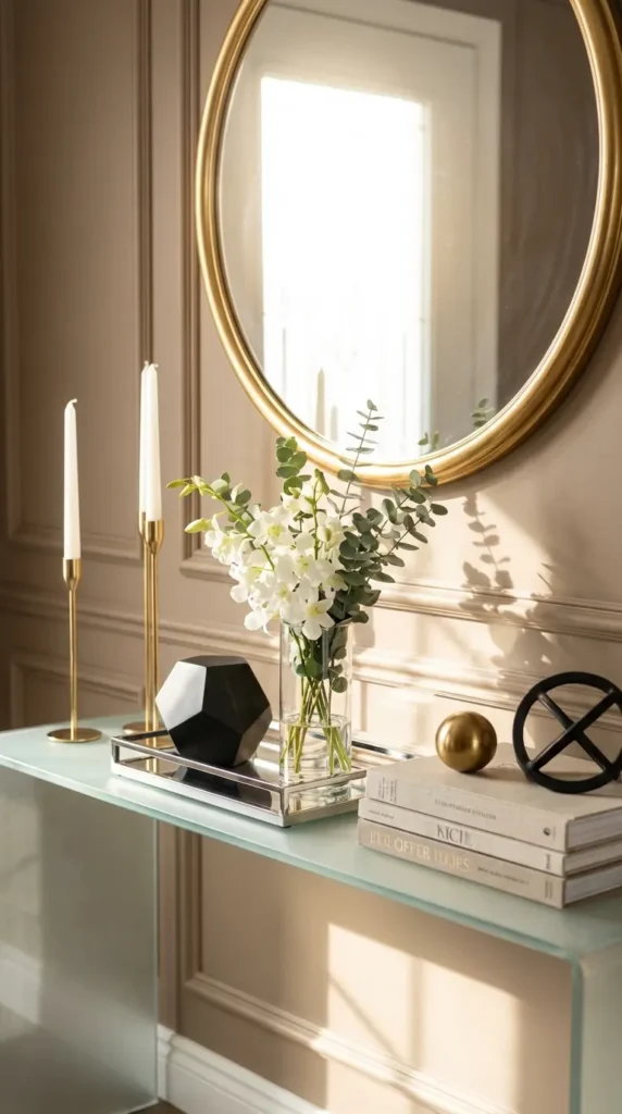 Glass Table With Mixed Metal Accents and Geometric Sculptures