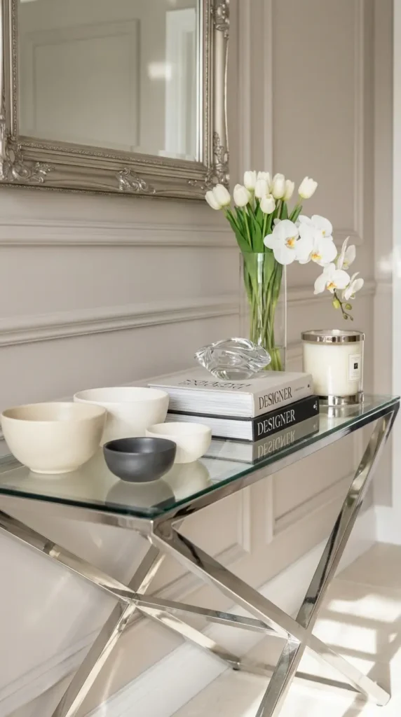 Glass Top With Chrome Base and Monochrome Decorative Bowls