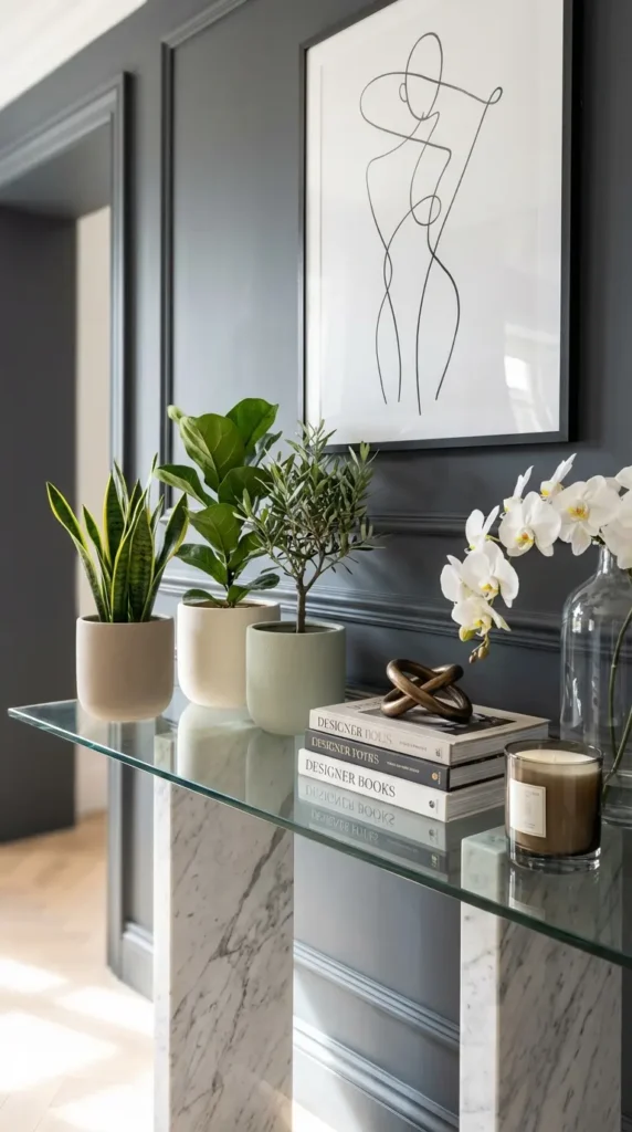 Glass Top With Neutral Ceramic Planters and Minimalist Art