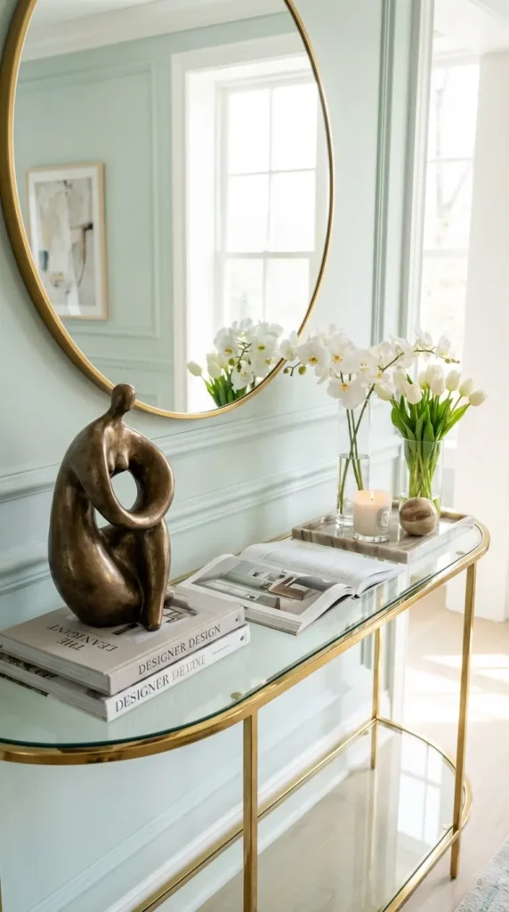 Gold-Framed Glass Console With Sculptural Accents