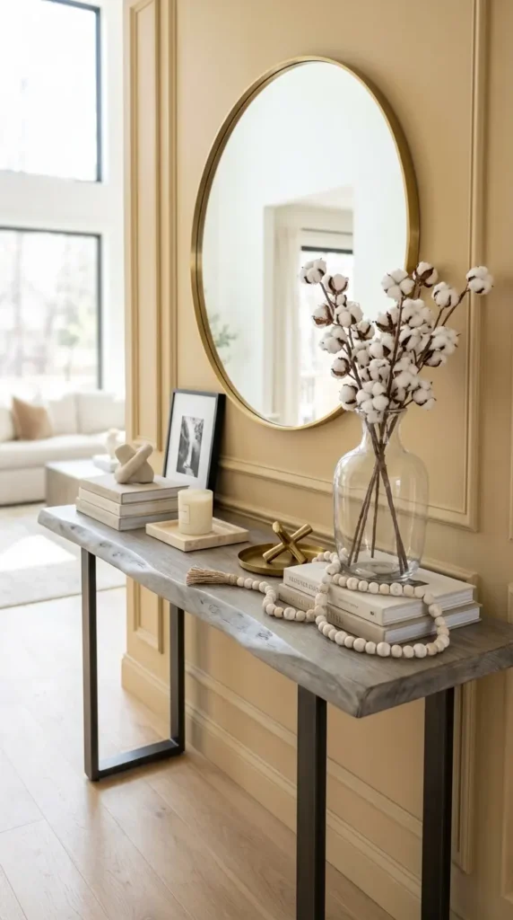 Gray-Washed Console With Cotton Stems and Wood Bead Garland
