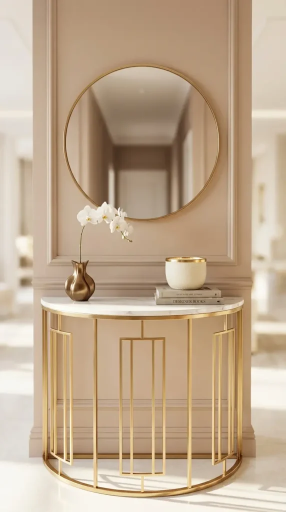 Half-Round Marble Console With Geometric Gold Base