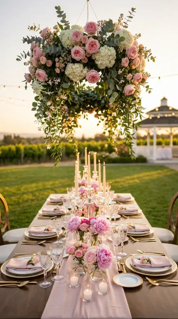 Hanging Floral Arches Above Long Reception Tables