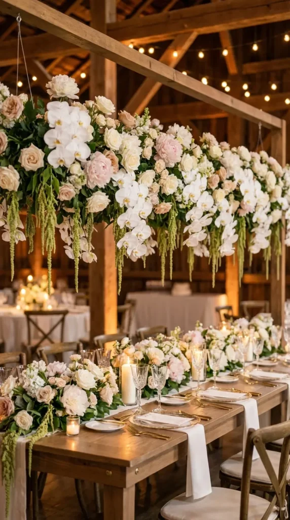 Hanging Floral Installation Above the Sweetheart Table