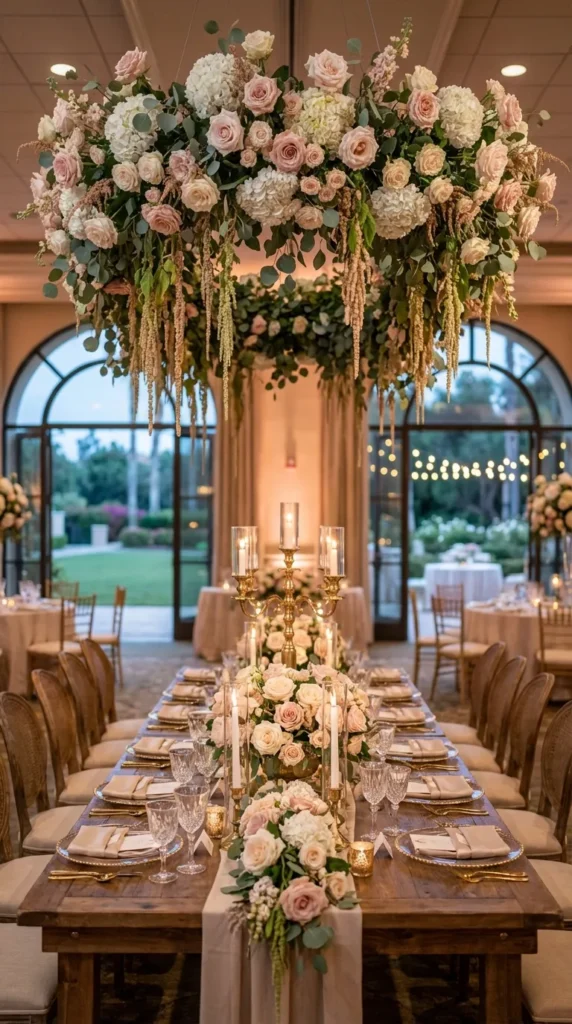 Hanging Floral Installations Over Reception Tables