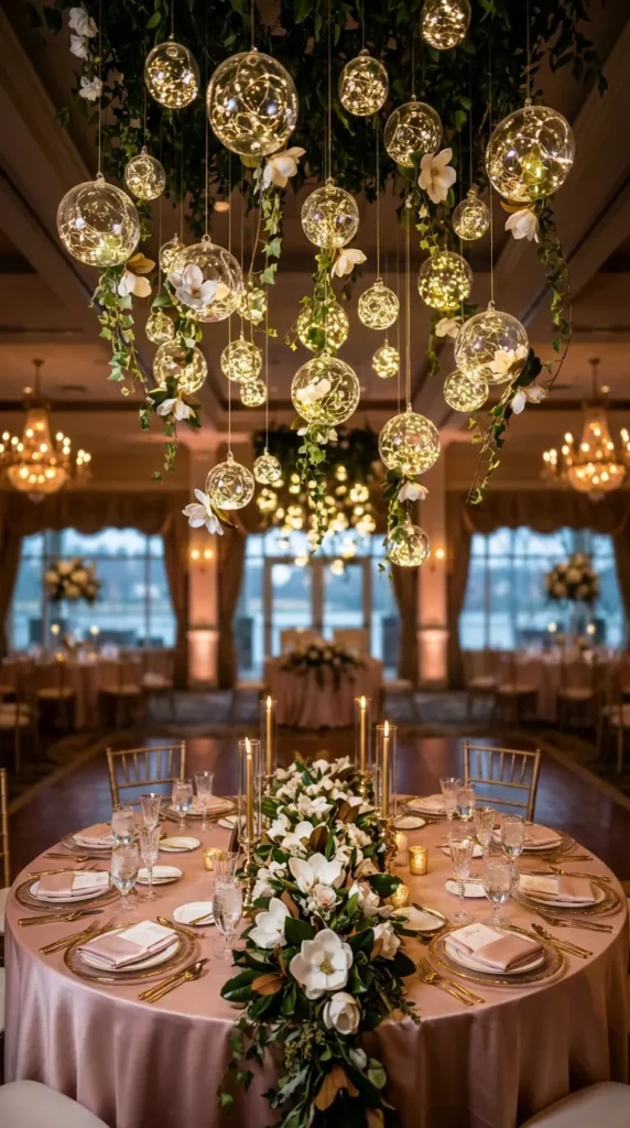 Hanging Glass Orb Lights Above Round Tables