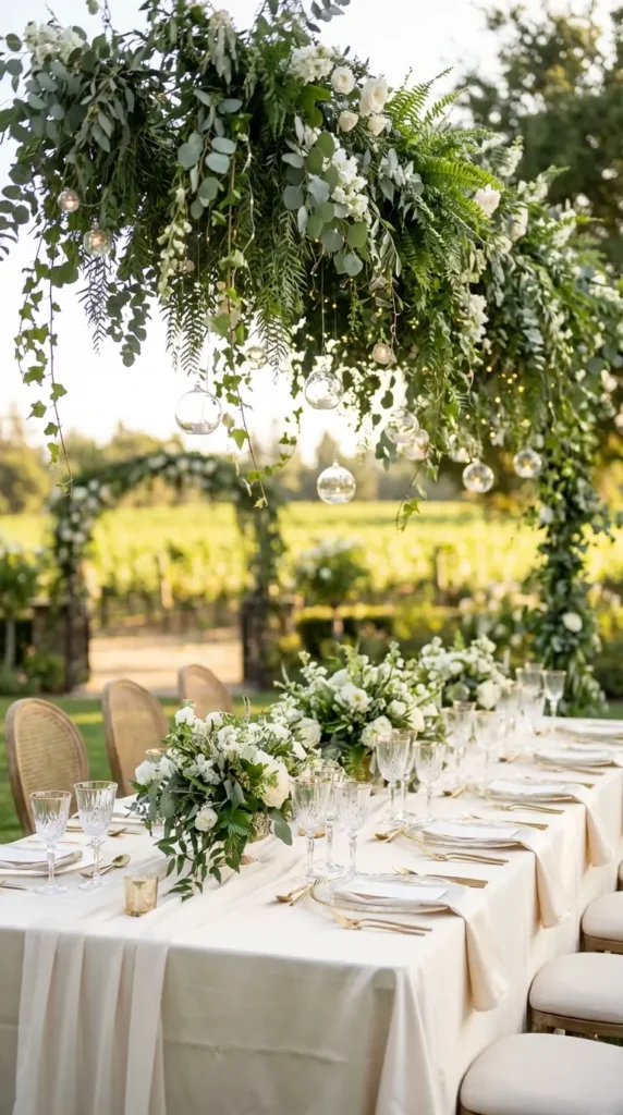 Hanging Greenery Installations Above Reception Tables