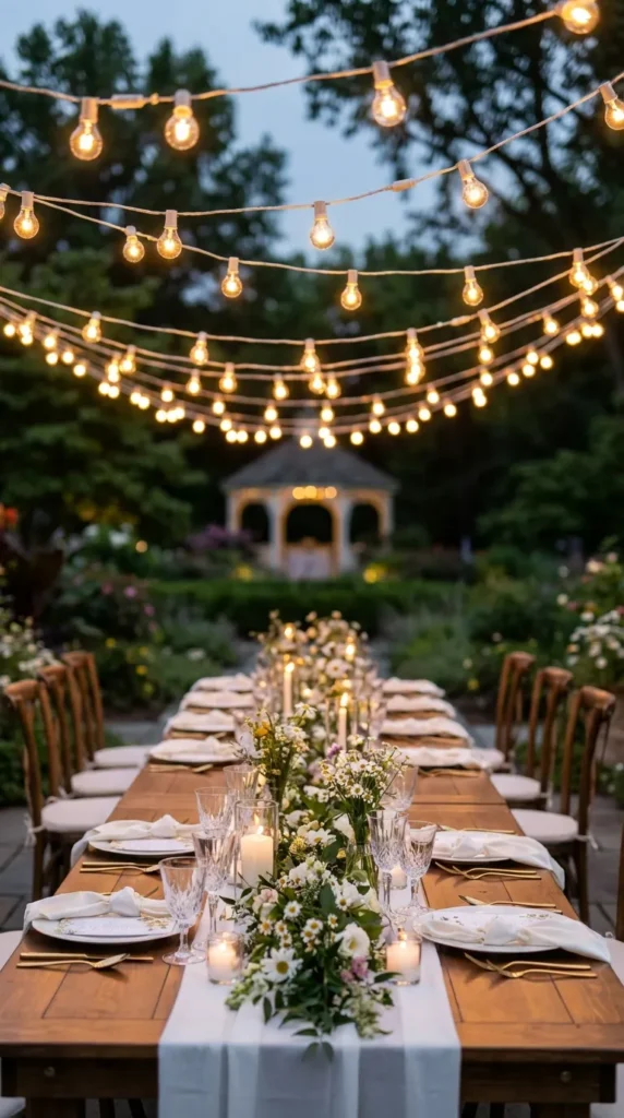 Hanging String Lights Above Reception Tables