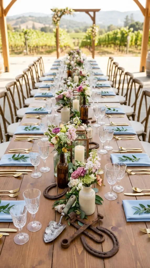 Horseshoes and Farm Tool Accents Around Arrangements