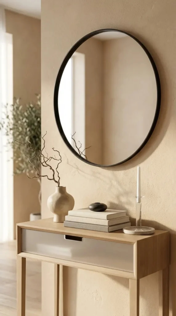 Japandi-Style Mirror with Minimal Wood Console Styling