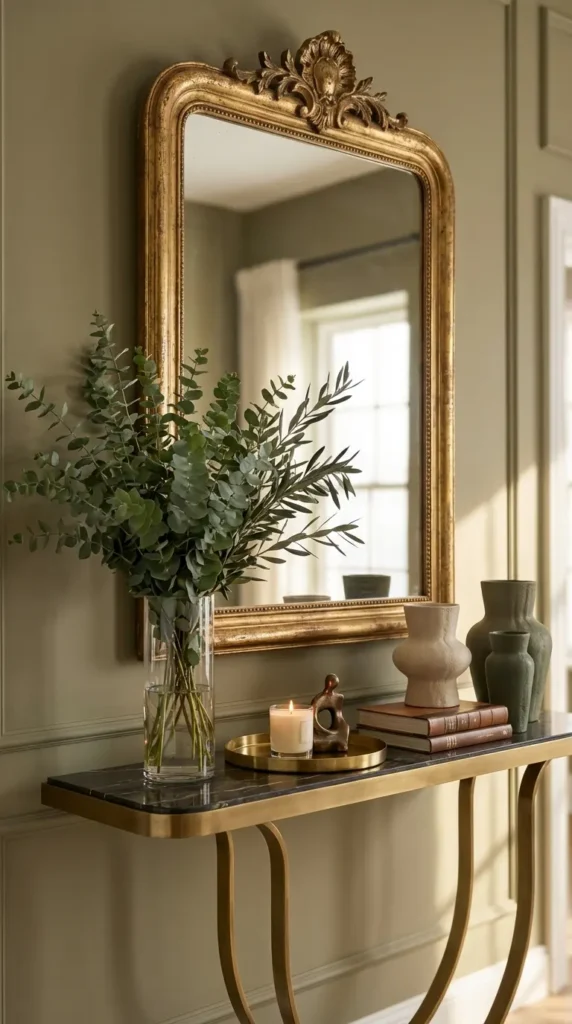 Large Statement Mirror with Greenery and Ceramic Decor