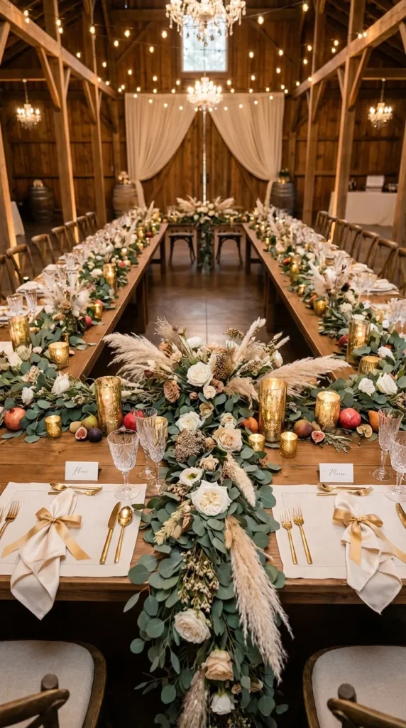 Long Banquet Tables with Eucalyptus Runners