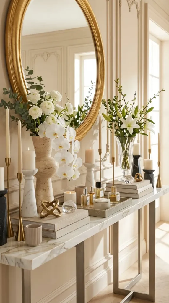 Long Marble Console With Layered Candlesticks
