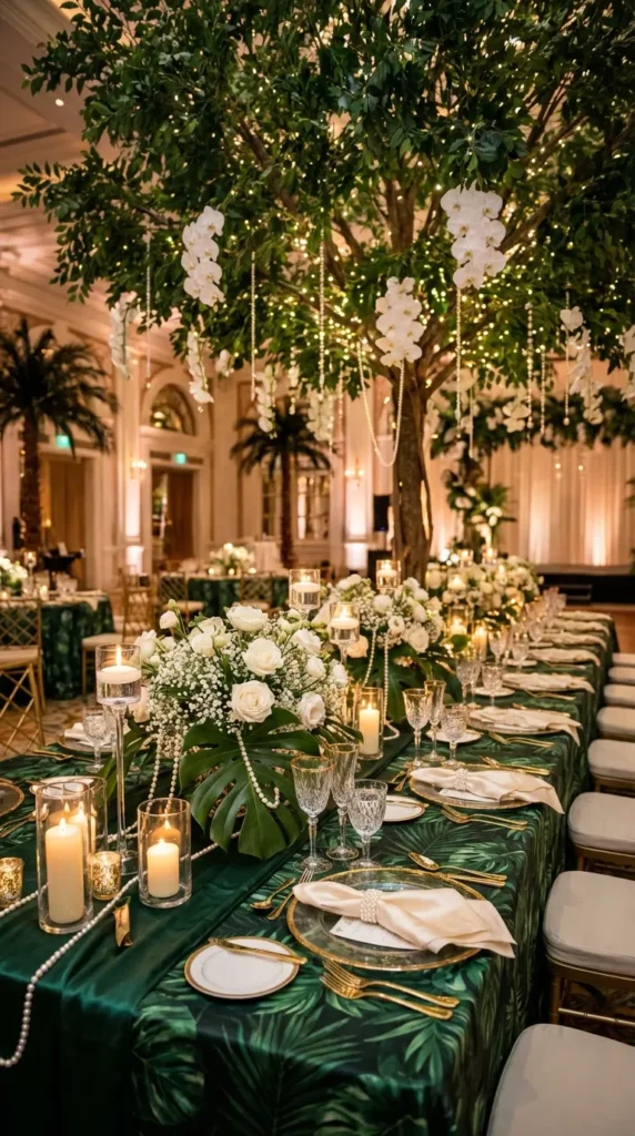 Long Tables Under Tree Canopies with Natural Floral Decor