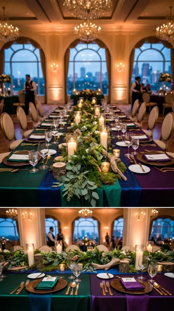 Low Greenery Centerpieces with Natural Wood Accents